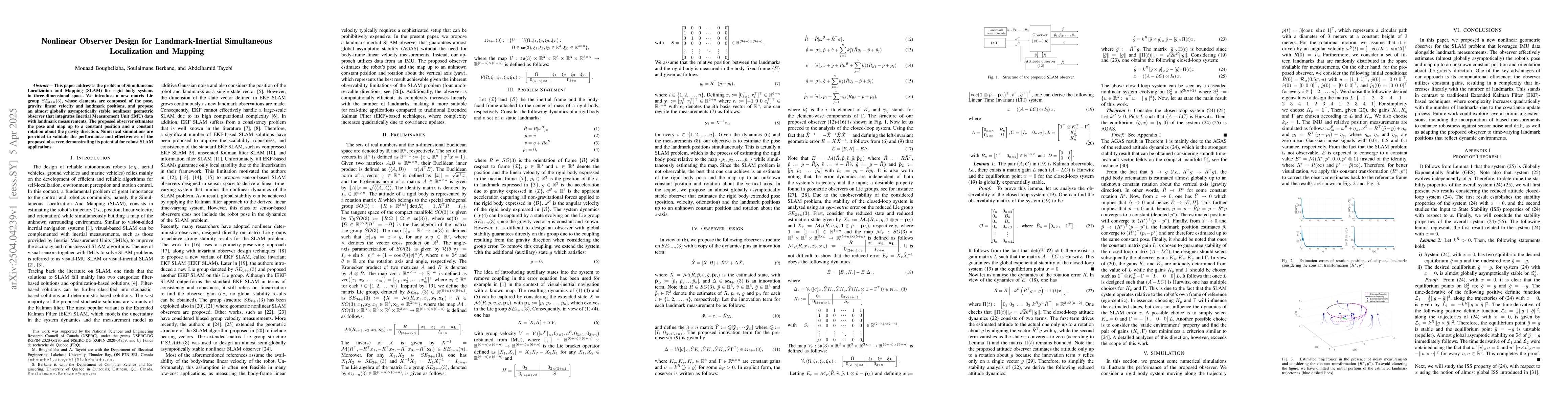 Thumbnail for Nonlinear Observer Design for Landmark-Inertial Simultaneous
  Localization and Mapping