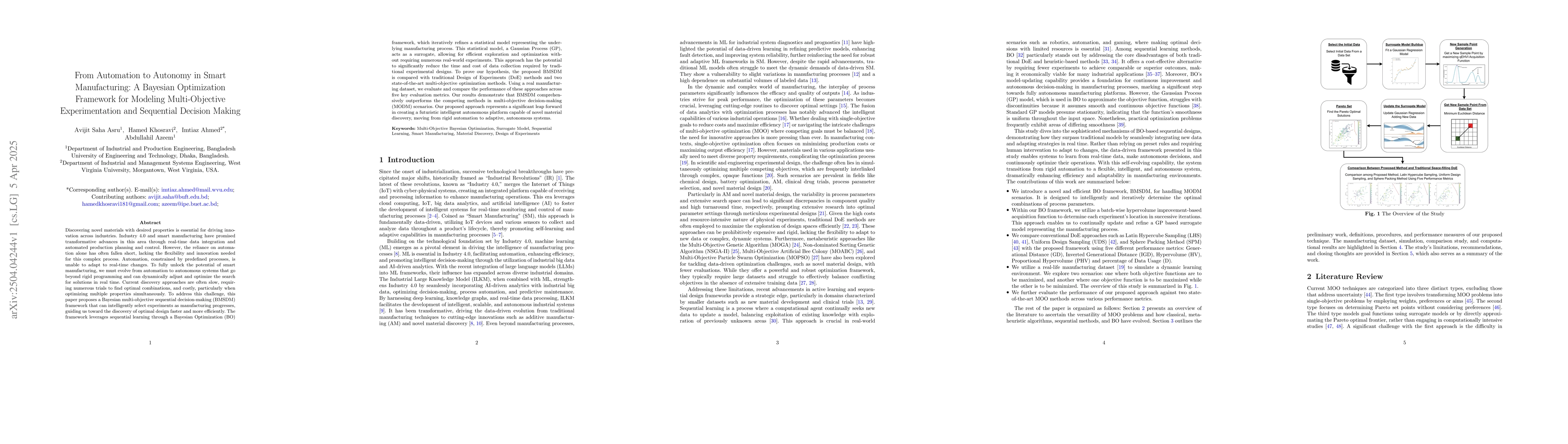 Thumbnail for From Automation to Autonomy in Smart Manufacturing: A Bayesian
  Optimization Framework for Modeling Multi-Objective Experimentation and
  Sequential Decision Making