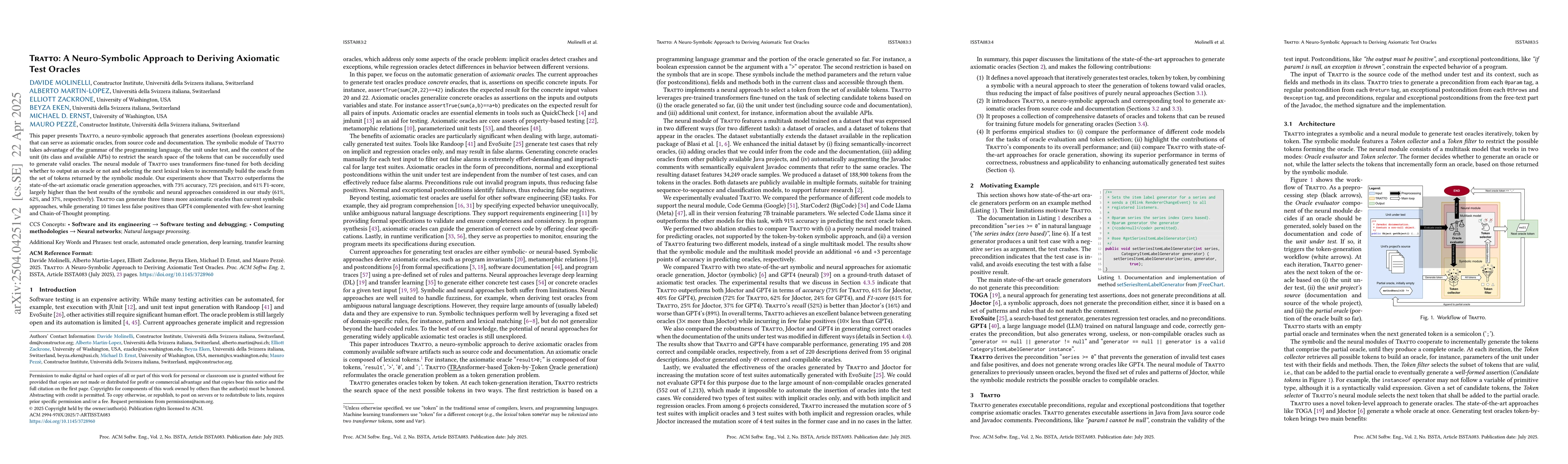 Thumbnail for Tratto: A Neuro-Symbolic Approach to Deriving Axiomatic Test Oracles