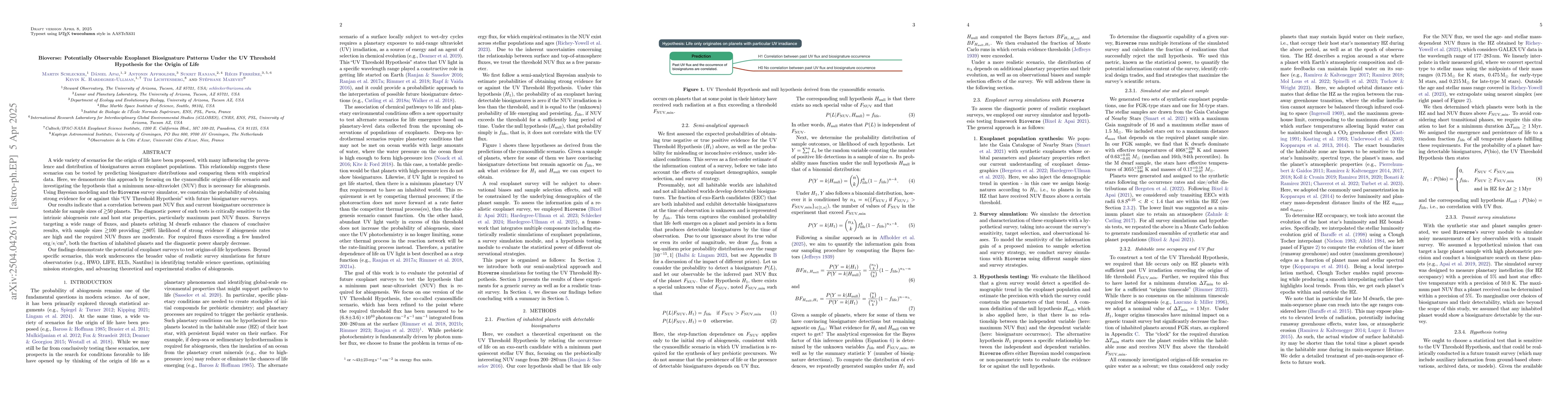 Thumbnail for Bioverse: Potentially Observable Exoplanet Biosignature Patterns Under
  the UV Threshold Hypothesis for the Origin of Life