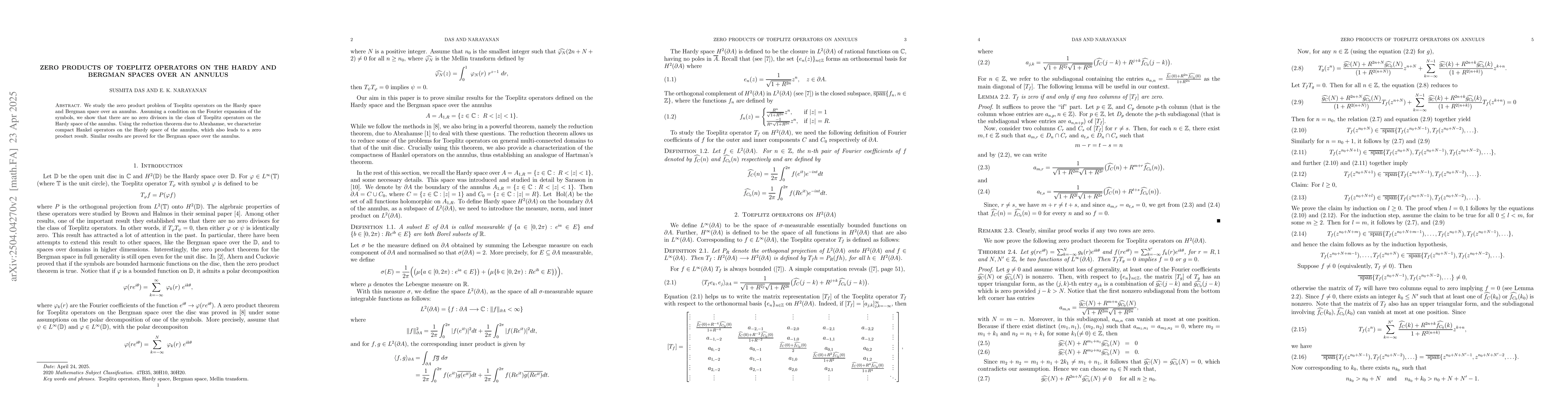 Thumbnail for Zero Products of Toeplitz operators on the Hardy and Bergman spaces over
  an annulus