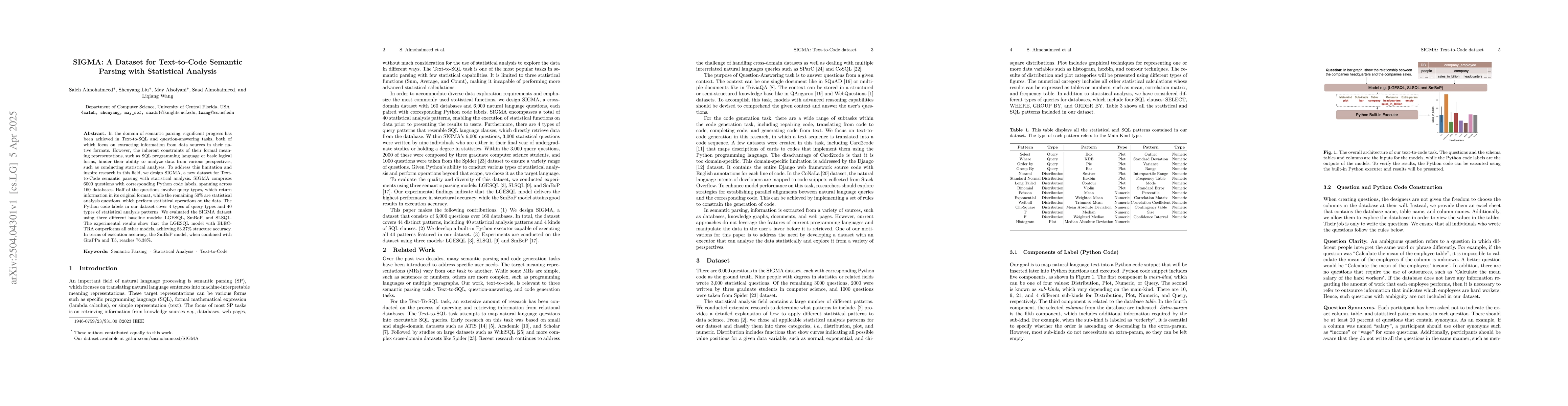 Thumbnail for Sigma: A dataset for text-to-code semantic parsing with statistical
  analysis
