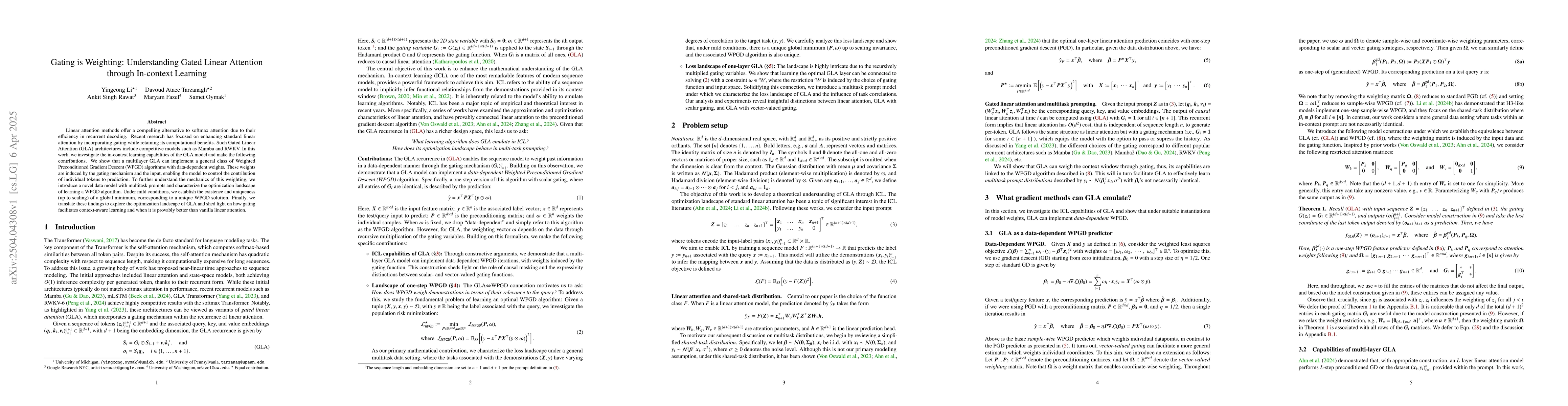 Thumbnail for Gating is Weighting: Understanding Gated Linear Attention through
  In-context Learning