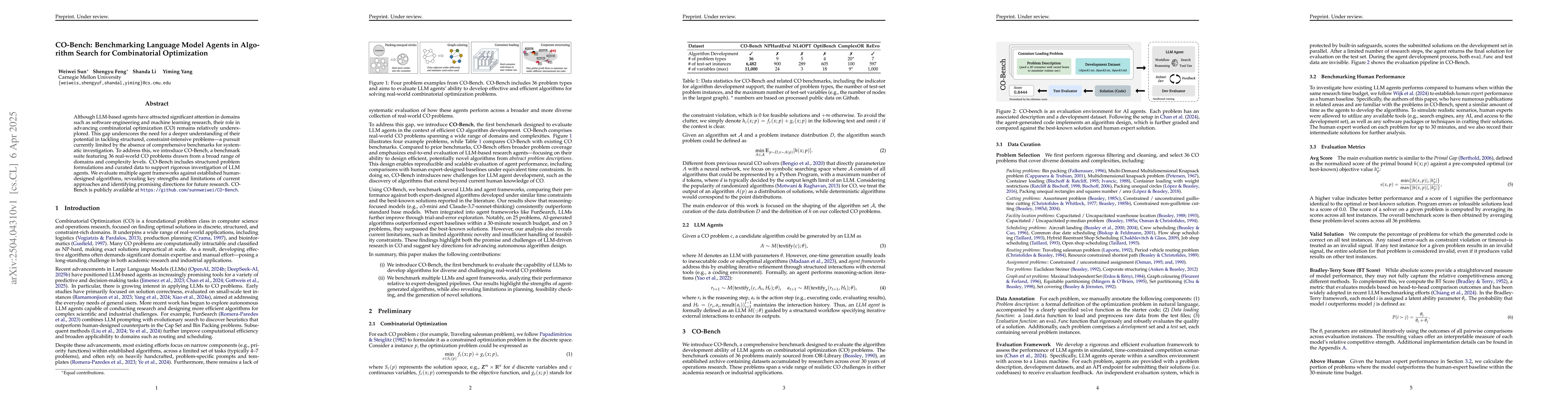 Thumbnail for CO-Bench: Benchmarking Language Model Agents in Algorithm Search for
  Combinatorial Optimization