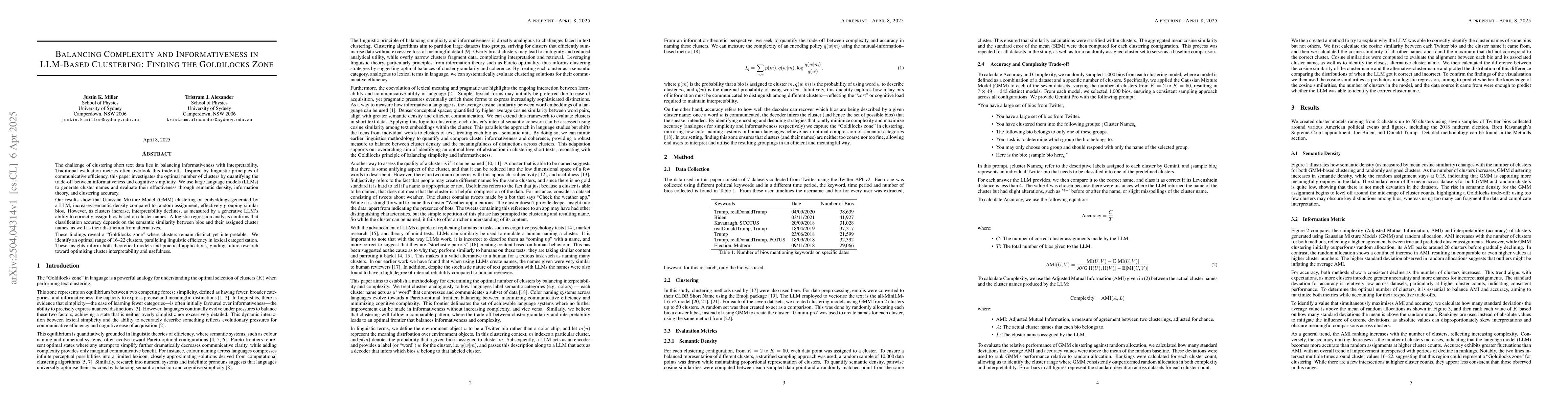 Thumbnail for Balancing Complexity and Informativeness in LLM-Based Clustering:
  Finding the Goldilocks Zone