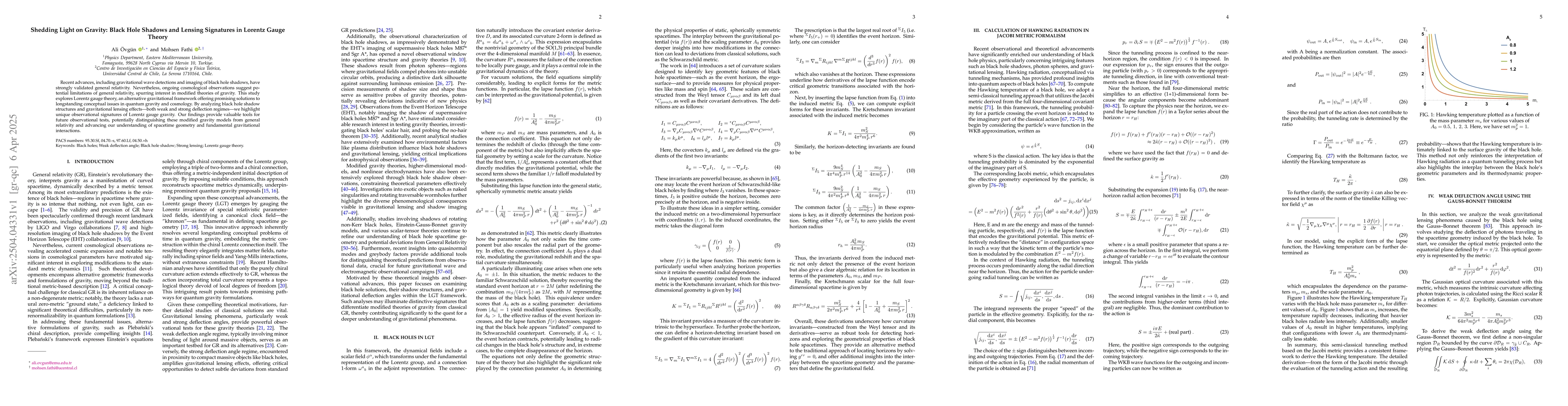 Thumbnail for Shedding Light on Gravity: Black Hole Shadows and Lensing Signatures in
  Lorentz Gauge Theory
