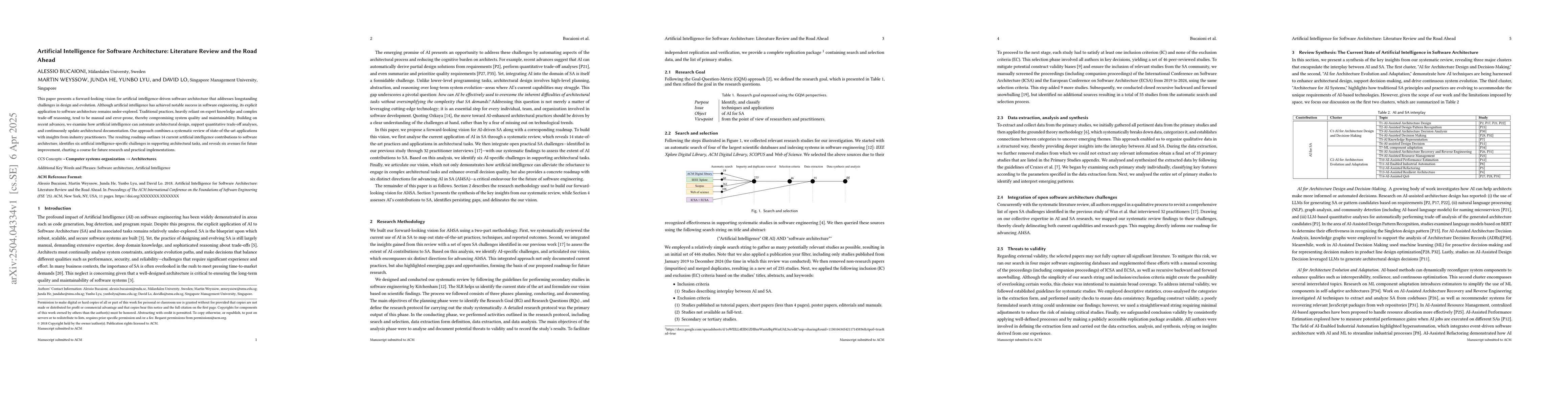 Thumbnail for Artificial Intelligence for Software Architecture: Literature Review and
  the Road Ahead
