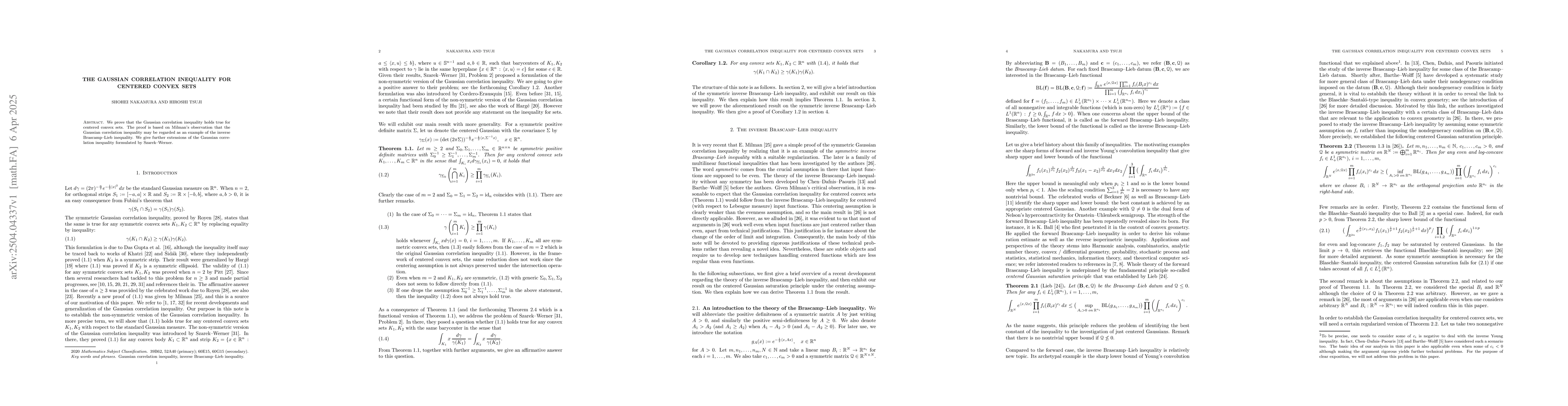 Thumbnail for The Gaussian correlation inequality for centered convex sets