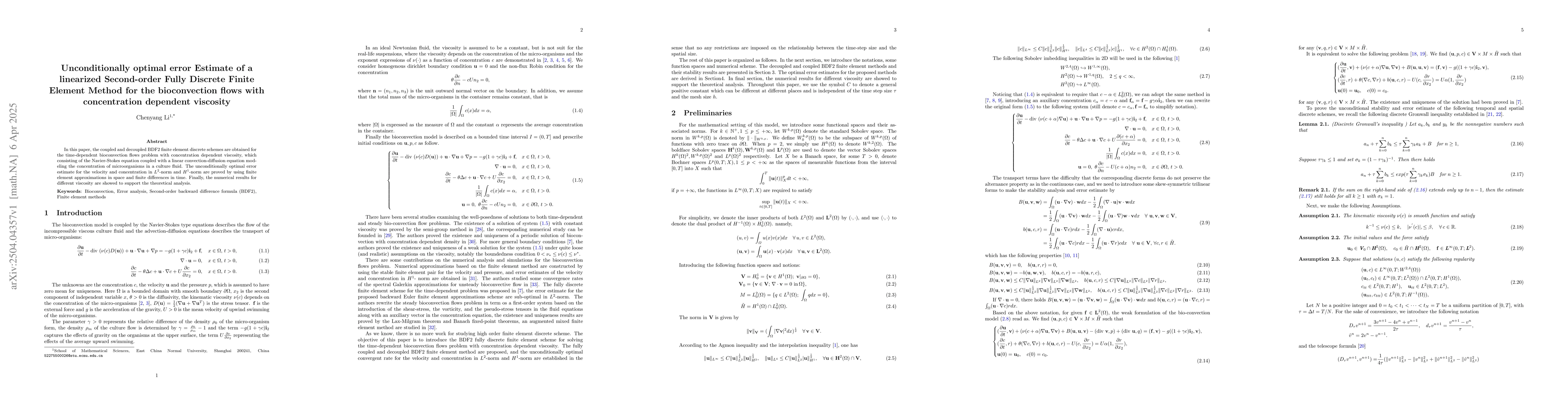 Thumbnail for Unconditionally optimal error Estimate of a linearized Second-order
  Fully Discrete Finite Element Method for the bioconvection flows with
  concentration dependent viscosity