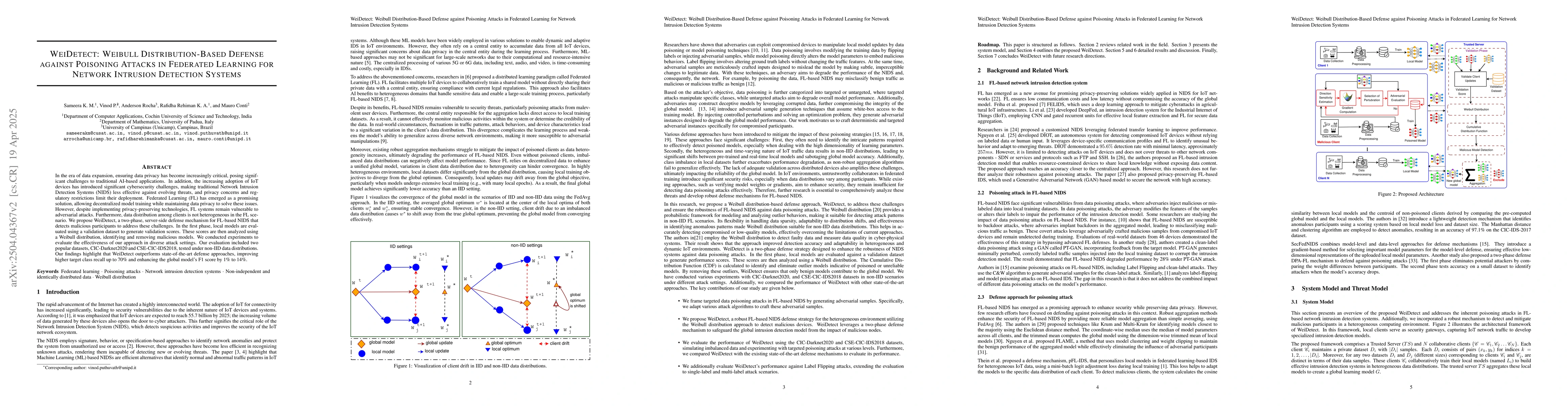 Thumbnail for WeiDetect: Weibull Distribution-Based Defense against Poisoning Attacks
  in Federated Learning for Network Intrusion Detection Systems