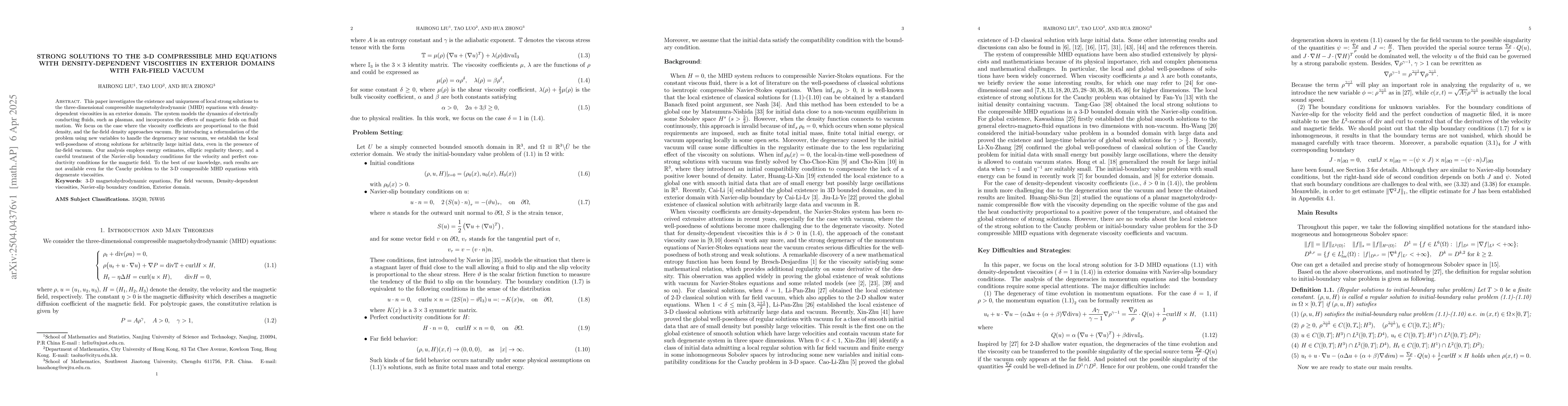 Thumbnail for Strong solutions to the 3-D compressible MHD equations with
  density-dependent viscosities in exterior domains with far-field vacuum