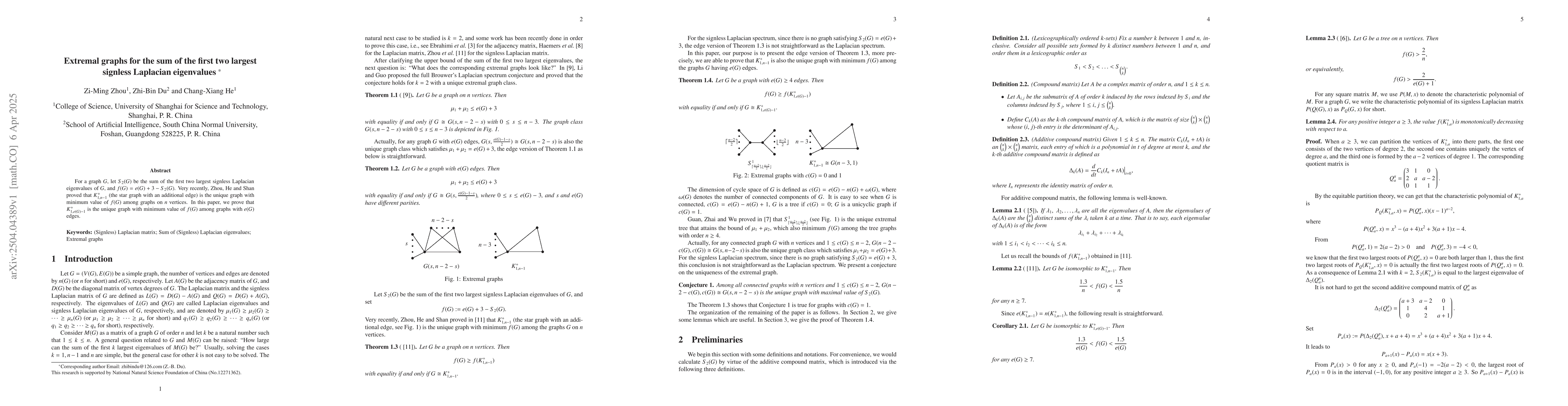 Thumbnail for Extremal graphs for the sum of the first two largest signless Laplacian
  eigenvalues