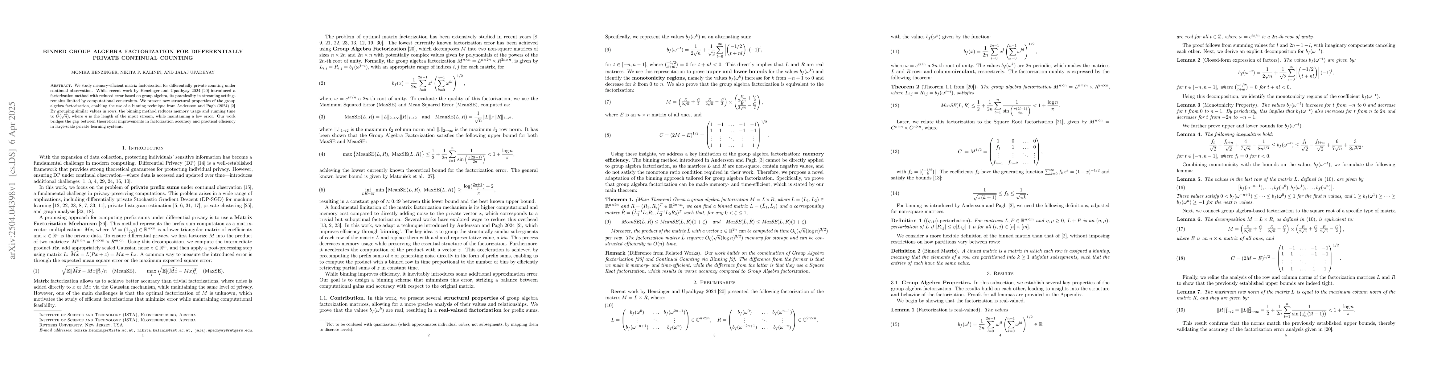 Thumbnail for Binned Group Algebra Factorization for Differentially Private Continual
  Counting