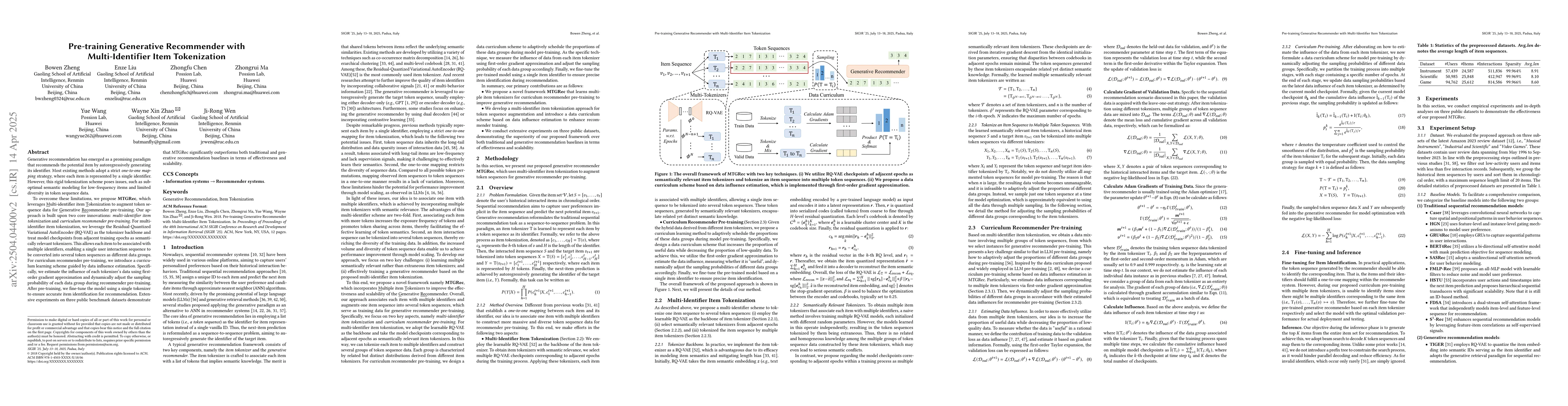 Thumbnail for Pre-training Generative Recommender with Multi-Identifier Item
  Tokenization