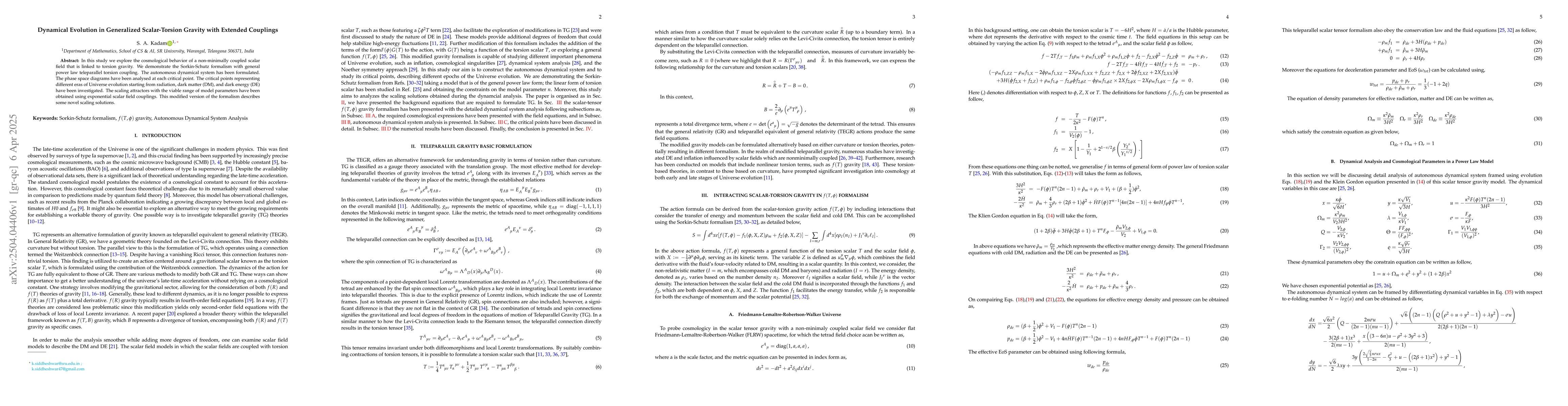 Thumbnail for Dynamical Evolution in Generalized Scalar-Torsion Gravity with Extended
  Couplings