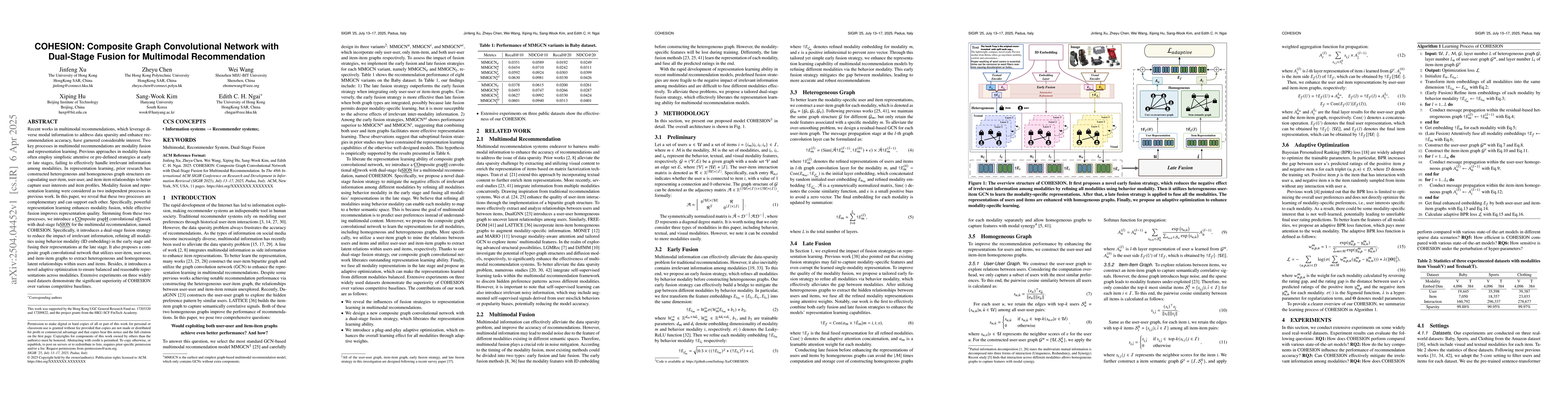 Thumbnail for COHESION: Composite Graph Convolutional Network with Dual-Stage Fusion
  for Multimodal Recommendation