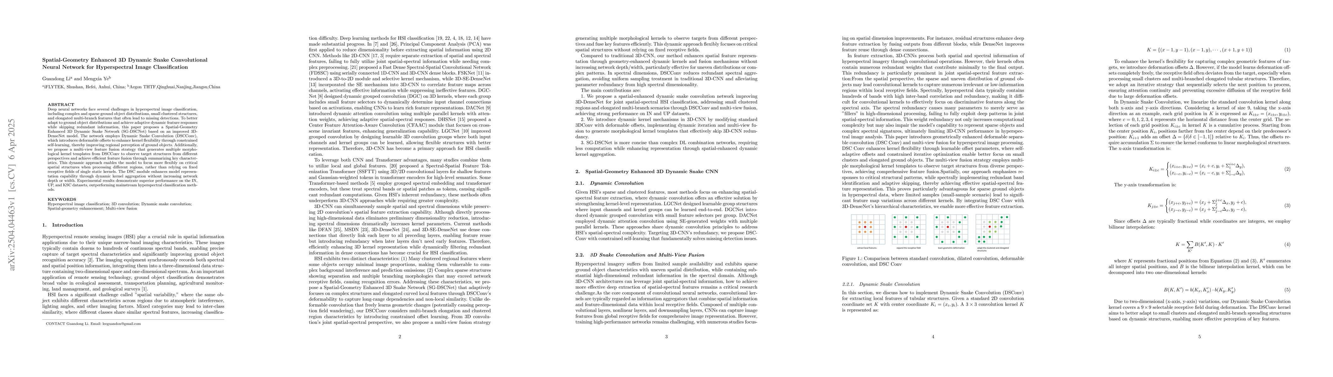 Thumbnail for Spatial-Geometry Enhanced 3D Dynamic Snake Convolutional Neural Network
  for Hyperspectral Image Classification