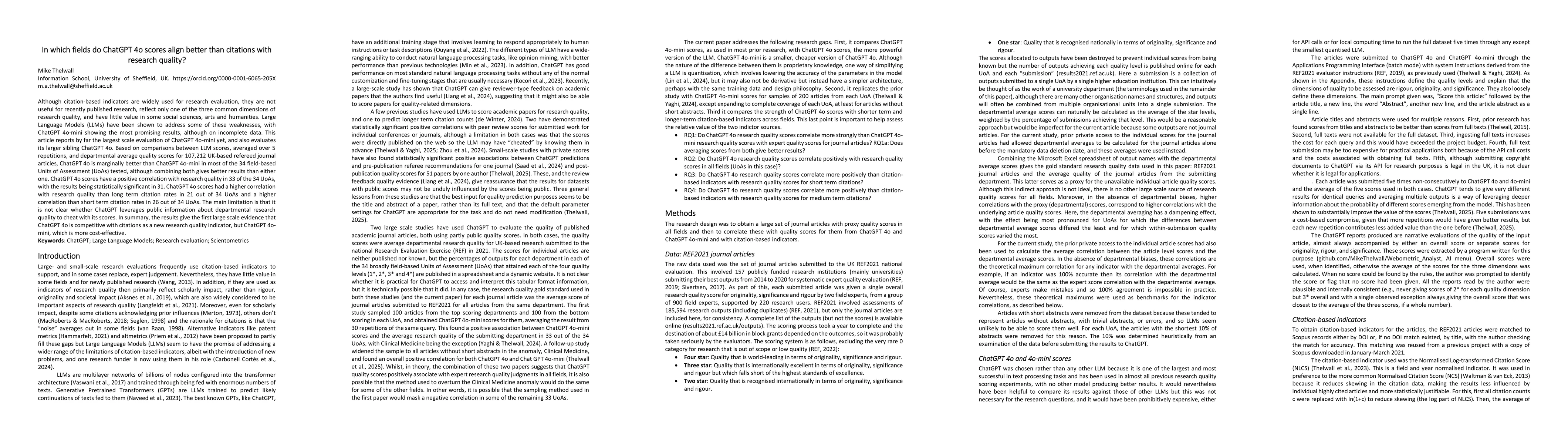 Thumbnail for In which fields do ChatGPT 4o scores align better than citations with
  research quality?