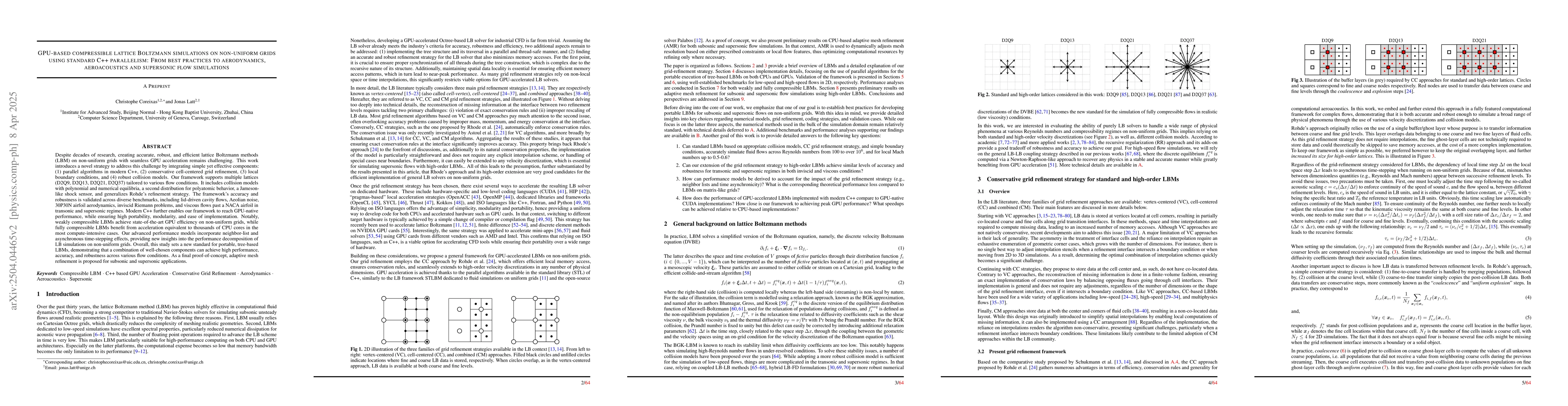 Thumbnail for GPU-based compressible lattice Boltzmann simulations on non-uniform
  grids using standard C++ parallelism: From best practices to aerodynamics,
  aeroacoustics and supersonic flow simulations
