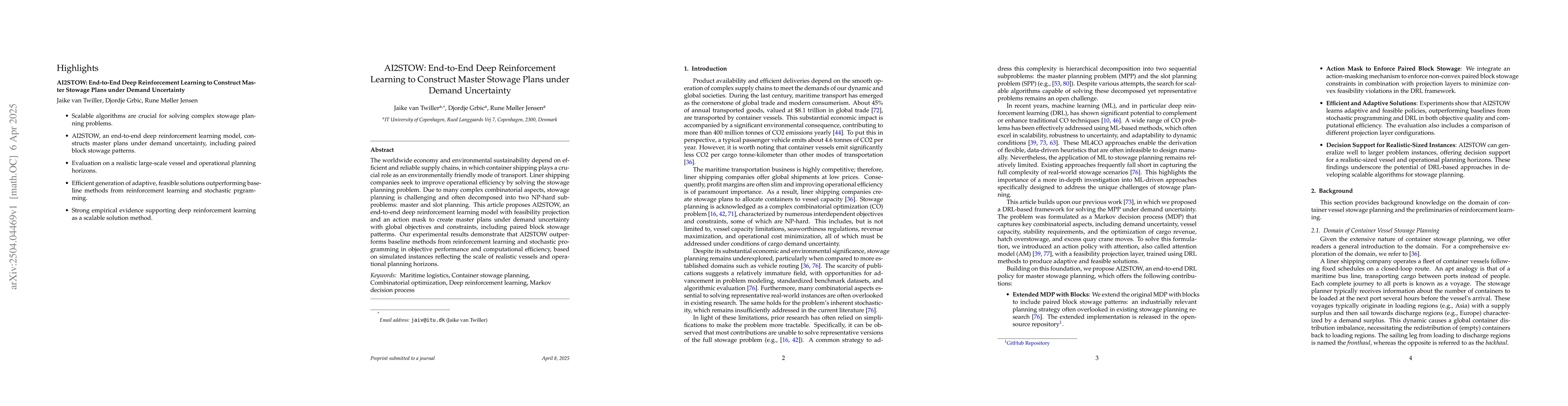 Thumbnail for AI2STOW: End-to-End Deep Reinforcement Learning to Construct Master
  Stowage Plans under Demand Uncertainty