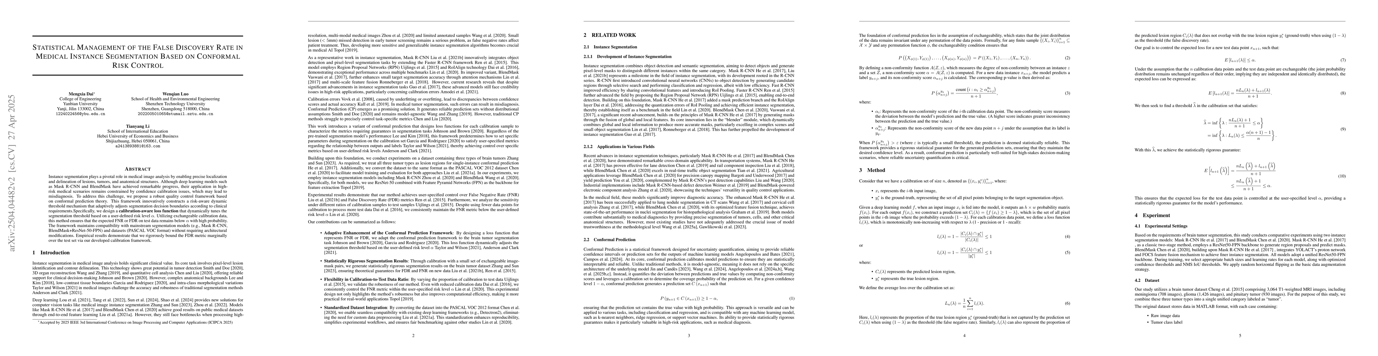 Thumbnail for Statistical Management of the False Discovery Rate in Medical Instance
  Segmentation Based on Conformal Risk Control