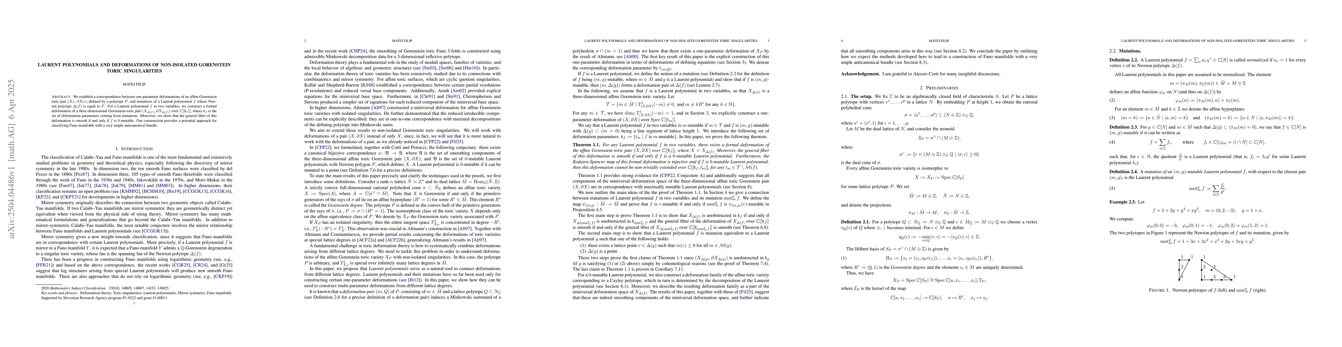 Thumbnail for Laurent polynomials and deformations of non-isolated Gorenstein toric
  sigularities