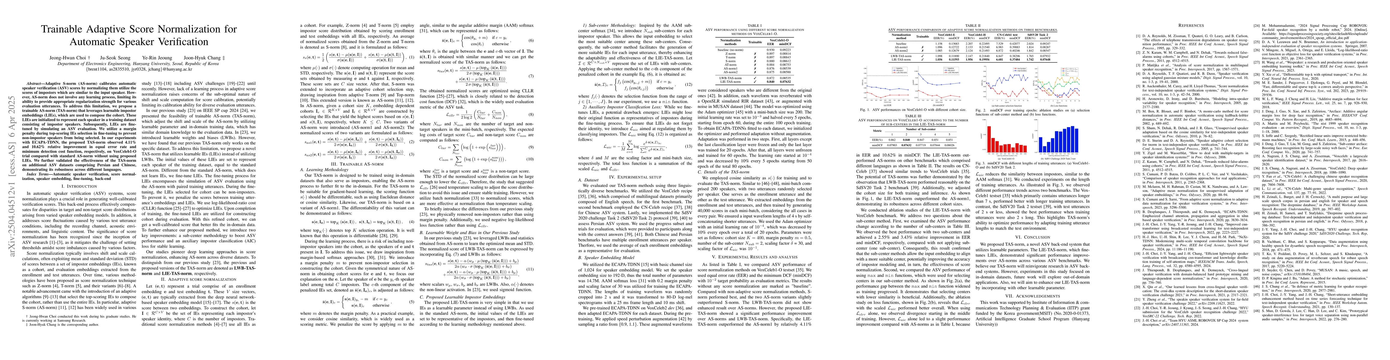 Thumbnail for Trainable Adaptive Score Normalization for Automatic Speaker
  Verification