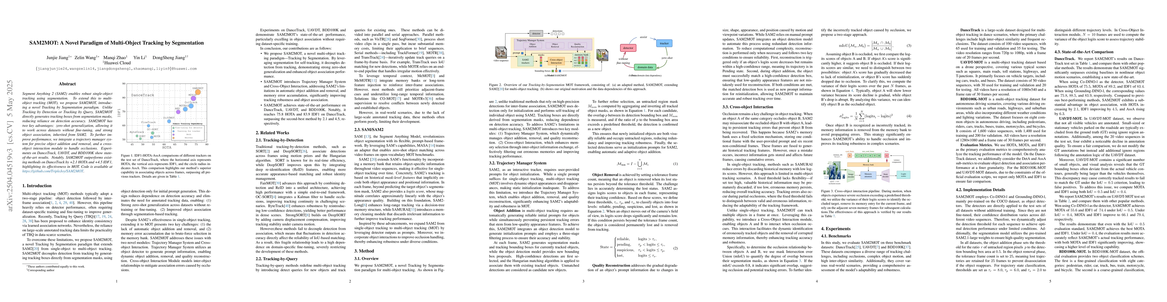 Thumbnail for SAM2MOT: A Novel Paradigm of Multi-Object Tracking by Segmentation