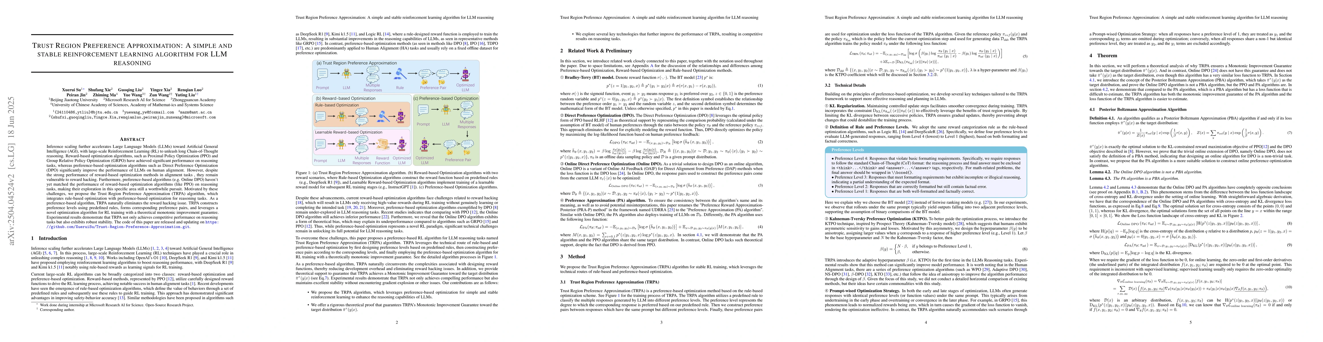 Thumbnail for Trust Region Preference Approximation: A simple and stable reinforcement
  learning algorithm for LLM reasoning