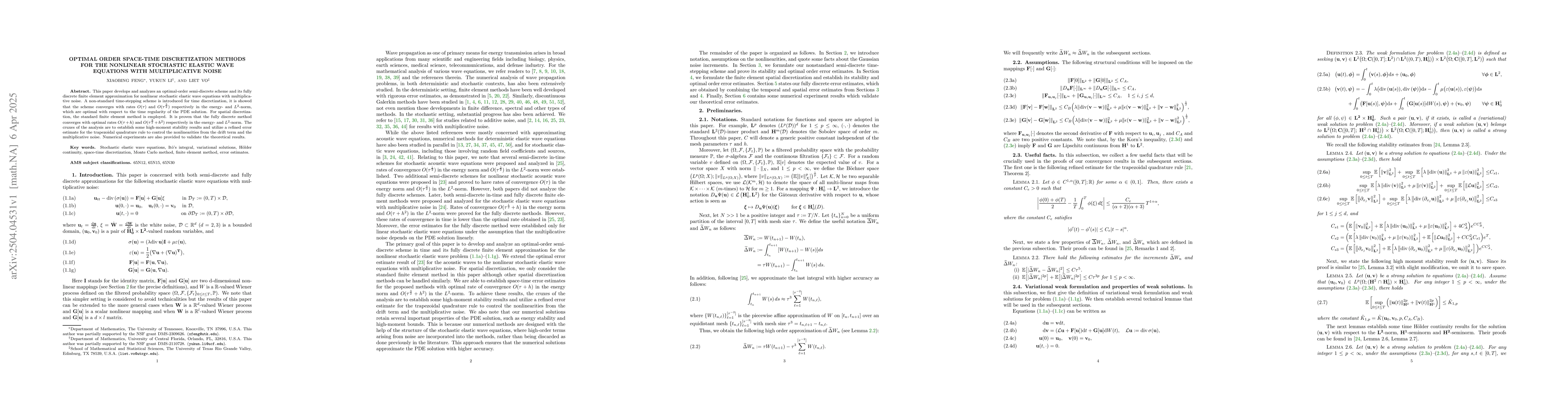 Thumbnail for Optimal Order Space-Time Discretization Methods for the Nonlinear
  Stochastic Elastic Wave Equations with Multiplicative Noise