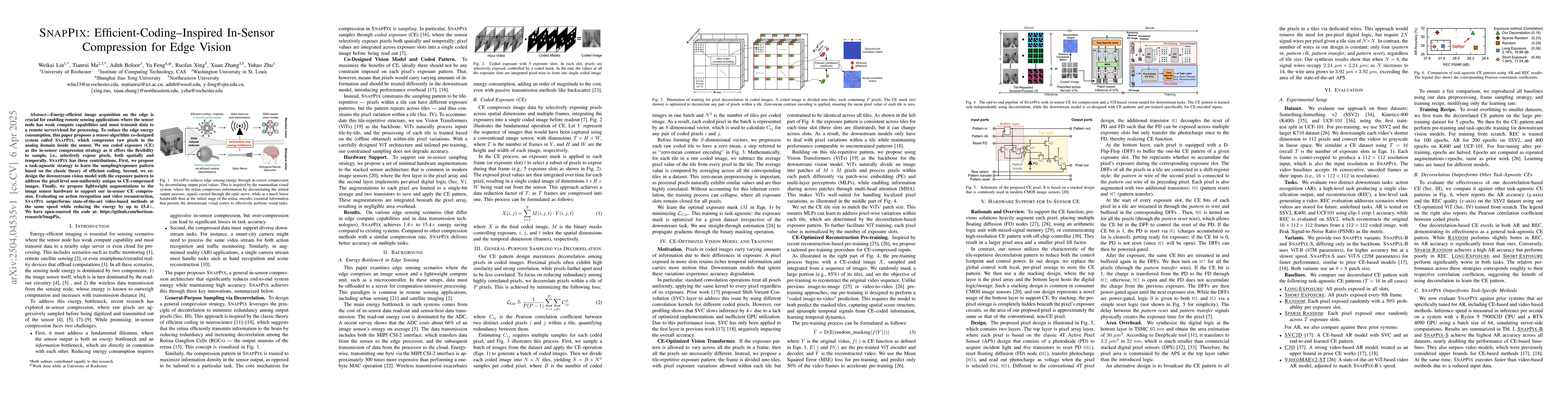Thumbnail for SnapPix: Efficient-Coding--Inspired In-Sensor Compression for Edge
  Vision
