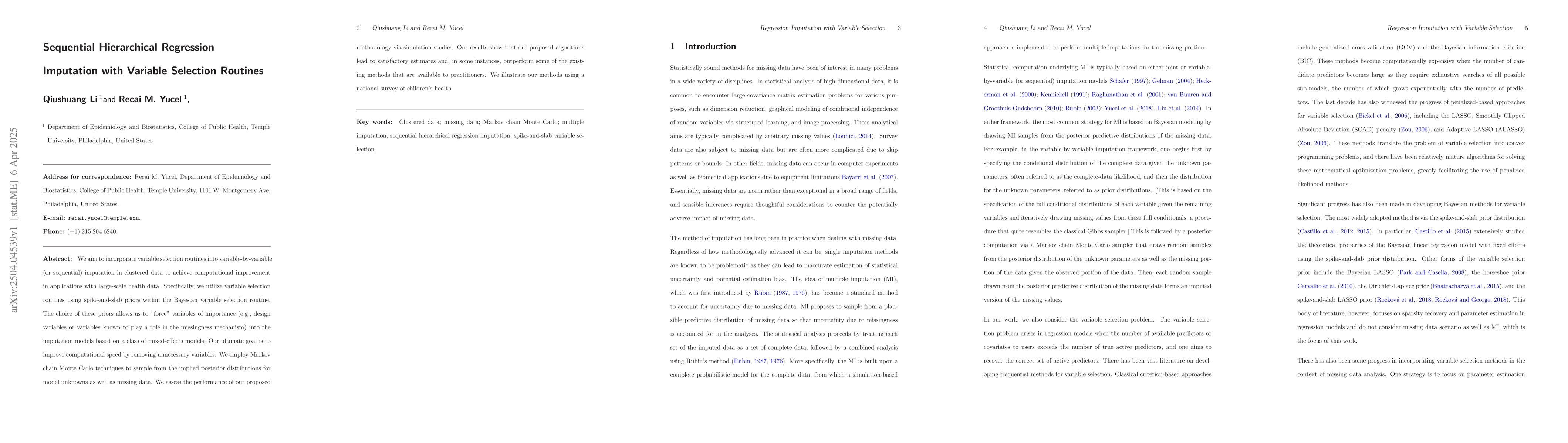 Thumbnail for Sequential Hierarchical Regression Imputation with Variable Selection
  Routines