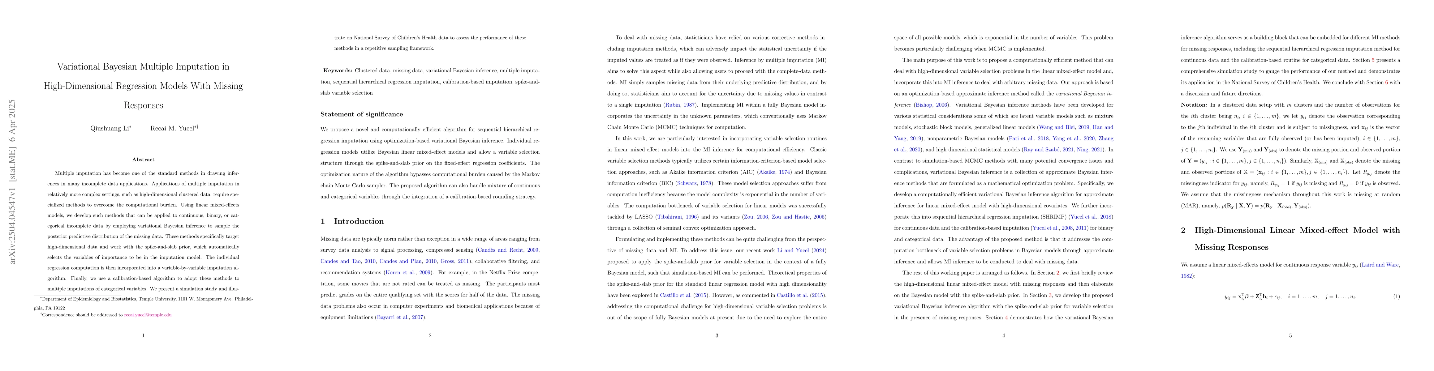 Thumbnail for Variational Bayesian Multiple Imputation in High-Dimensional Regression
  Models With Missing Responses