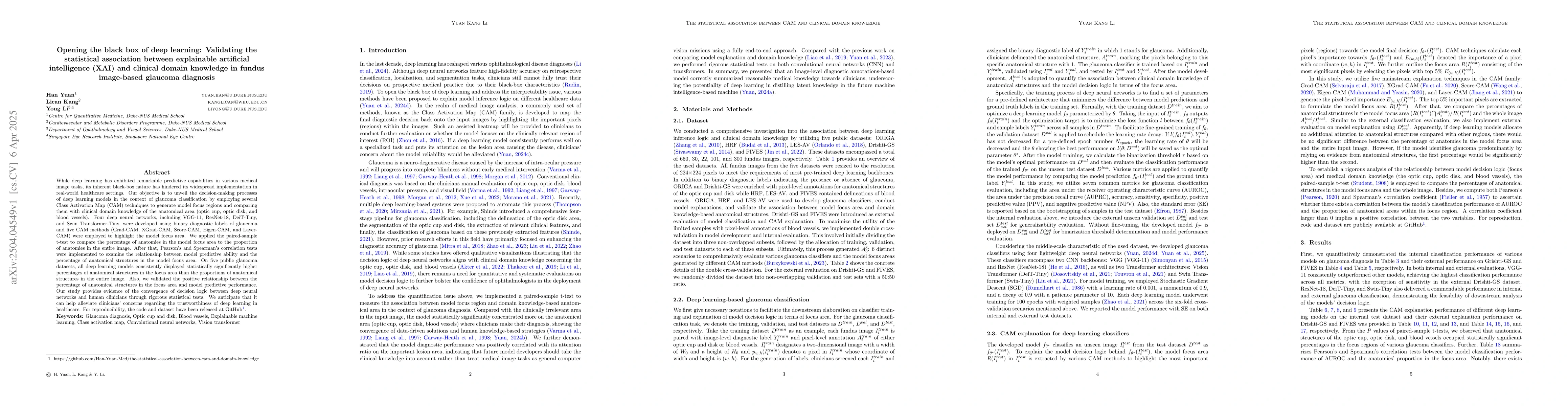 Thumbnail for Opening the black box of deep learning: Validating the statistical
  association between explainable artificial intelligence (XAI) and clinical
  domain knowledge in fundus image-based glaucoma diagnosis