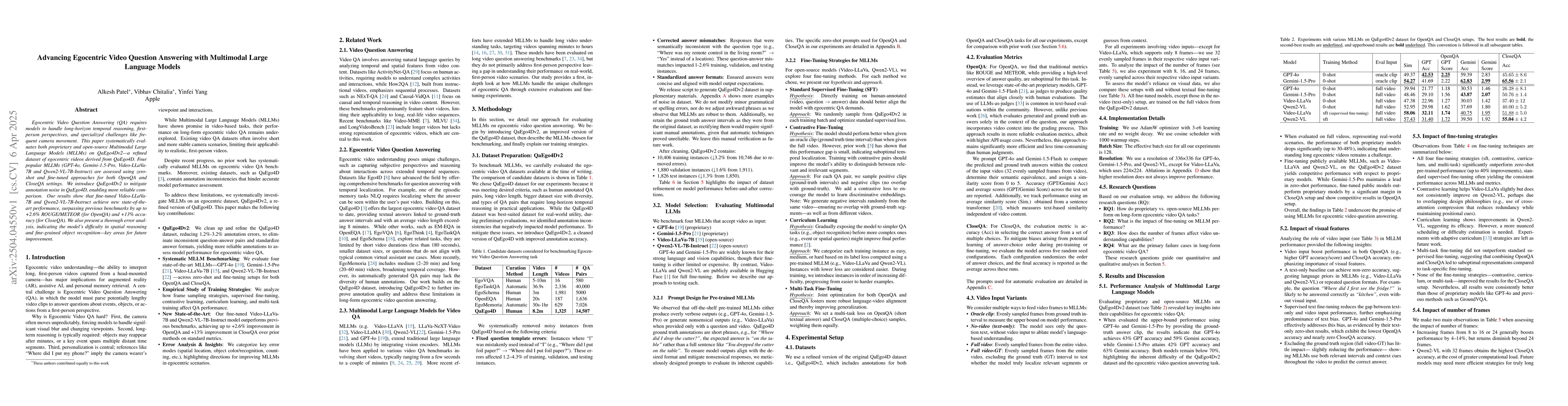 Thumbnail for Advancing Egocentric Video Question Answering with Multimodal Large
  Language Models