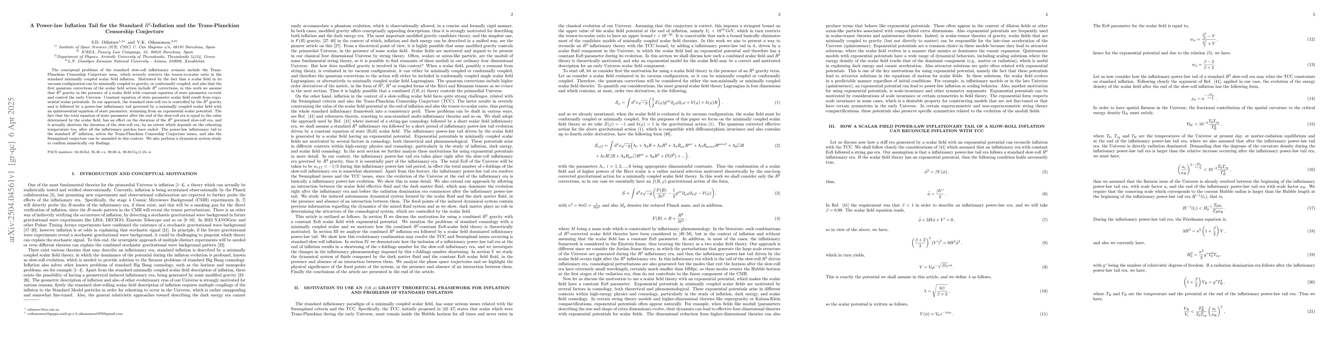 Thumbnail for A Power-law Inflation Tail for the Standard $R^2$-Inflation and the
  Trans-Planckian Censorship Conjecture