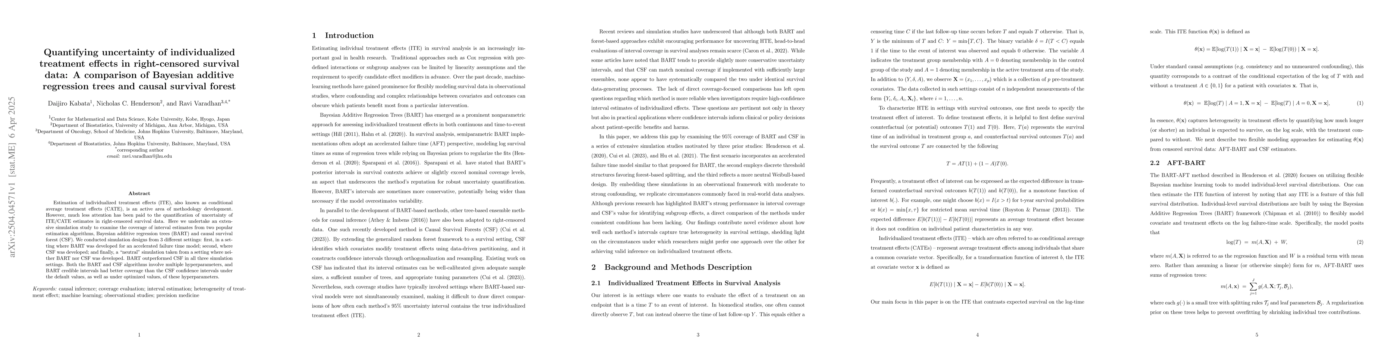 Thumbnail for Quantifying uncertainty of individualized treatment effects in
  right-censored survival data: A comparison of Bayesian additive regression
  trees and causal survival forest