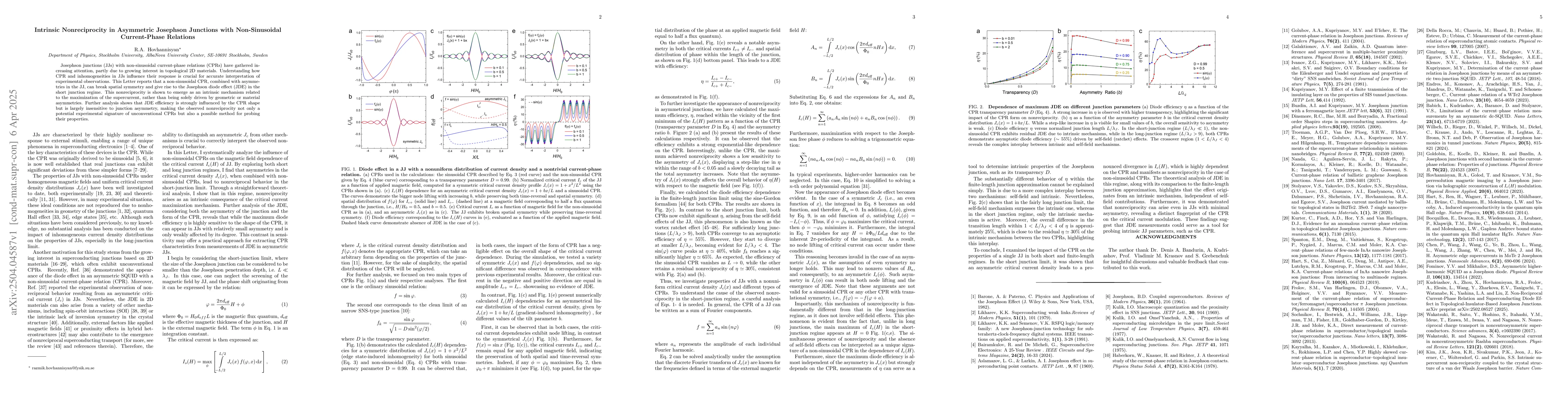Thumbnail for Intrinsic Nonreciprocity in Asymmetric Josephson Junctions with
  Non-Sinusoidal Current-Phase Relations