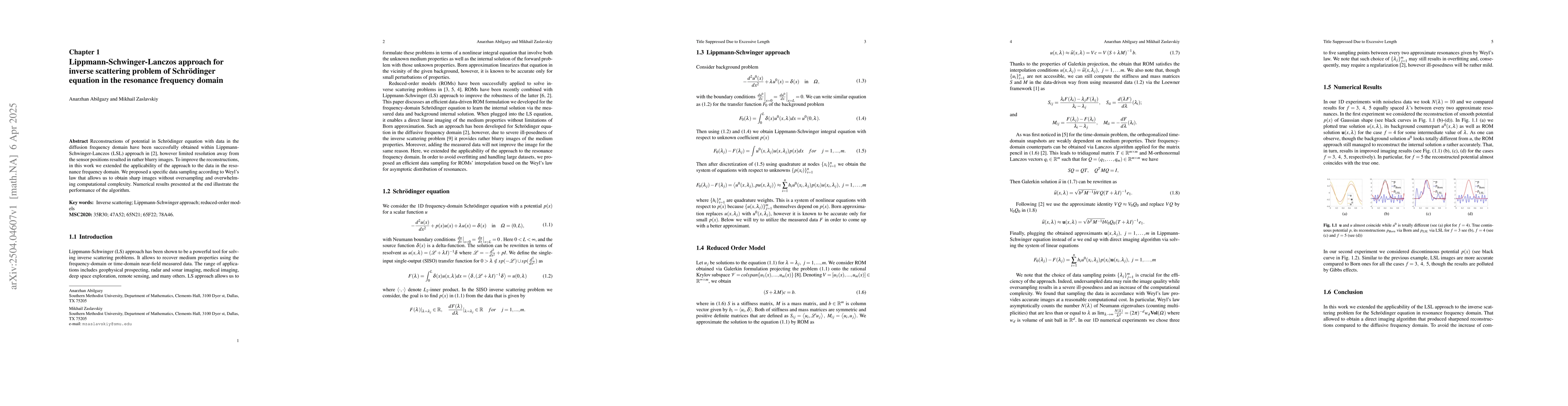 Thumbnail for Lippmann-Schwinger-Lanczos approach for inverse scattering problem of
  Schrodinger equation in the resonance frequency domain