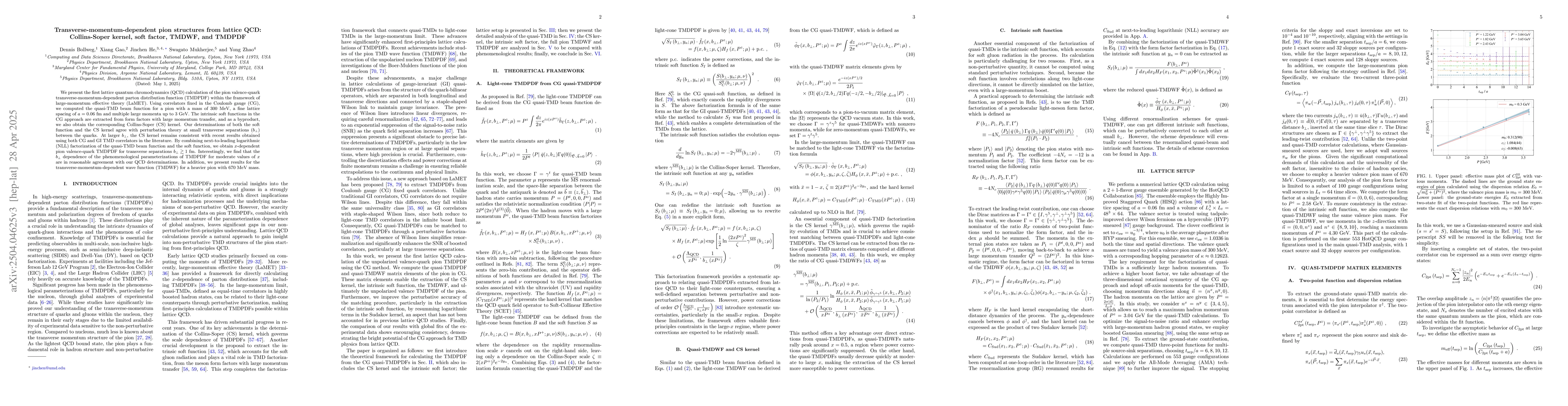 Thumbnail for Transverse-momentum-dependent pion structures from lattice QCD:
  Collins-Soper kernel, soft factor, TMDWF, and TMDPDF