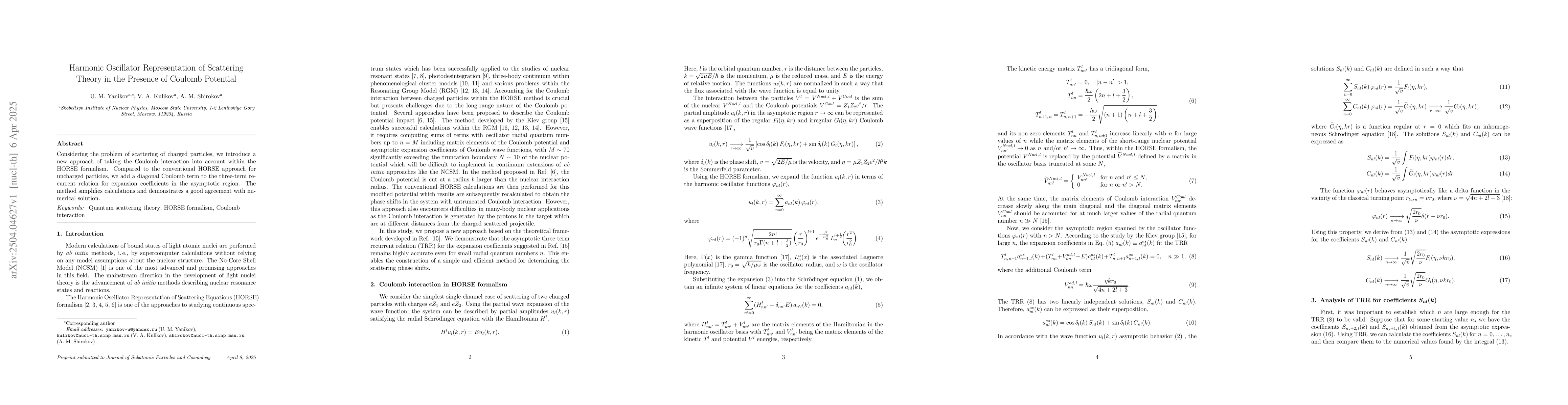 Thumbnail for Harmonic Oscillator Representation of Scattering Theory in the Presence
  of Coulomb Potential