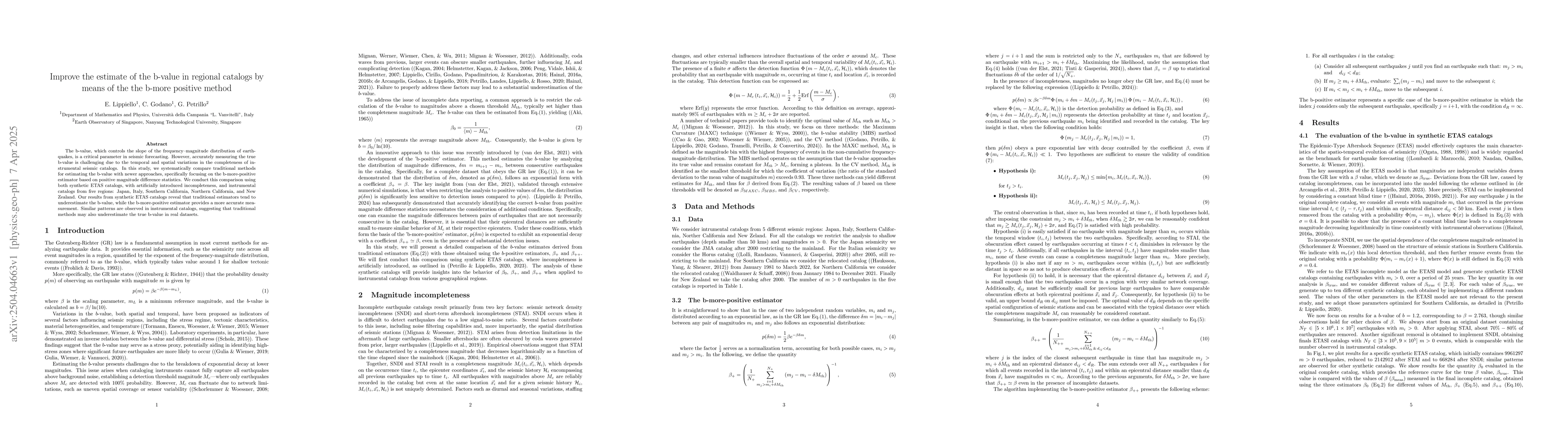 Thumbnail for Improve the estimate of the b-value in regional catalogs by means of the
  the b-more positive method