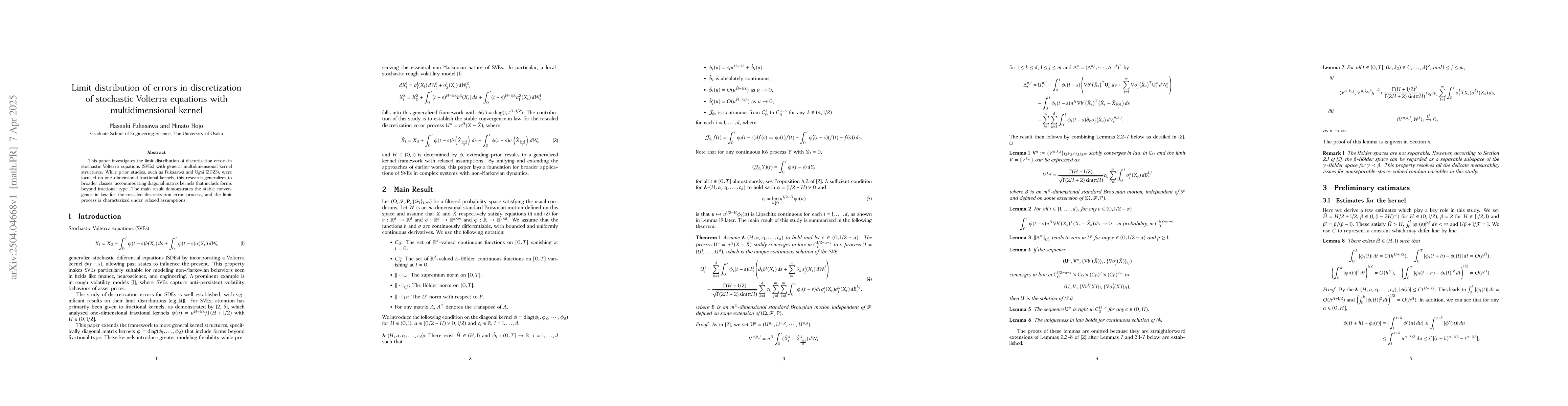 Thumbnail for Limit distribution of errors in discretization of stochastic Volterra
  equations with multidimensional kernel