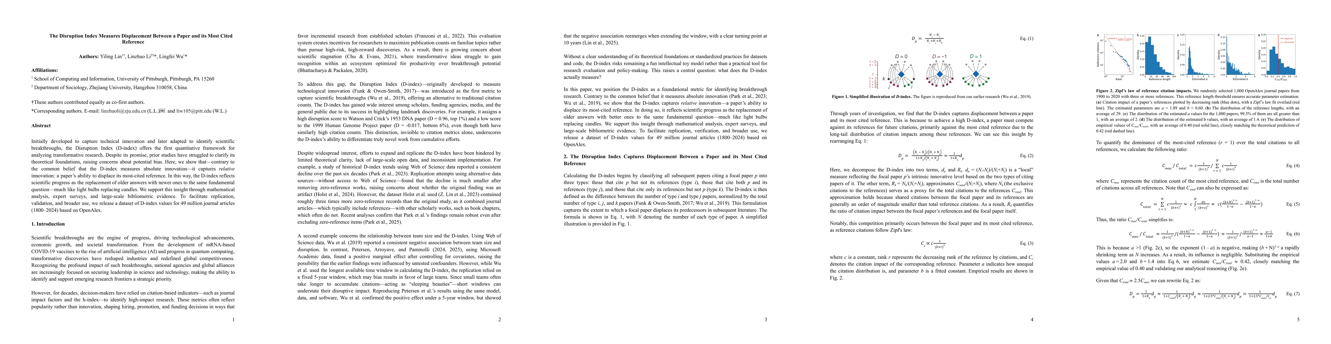 Thumbnail for The Disruption Index Measures Displacement Between a Paper and Its Most
  Cited Reference