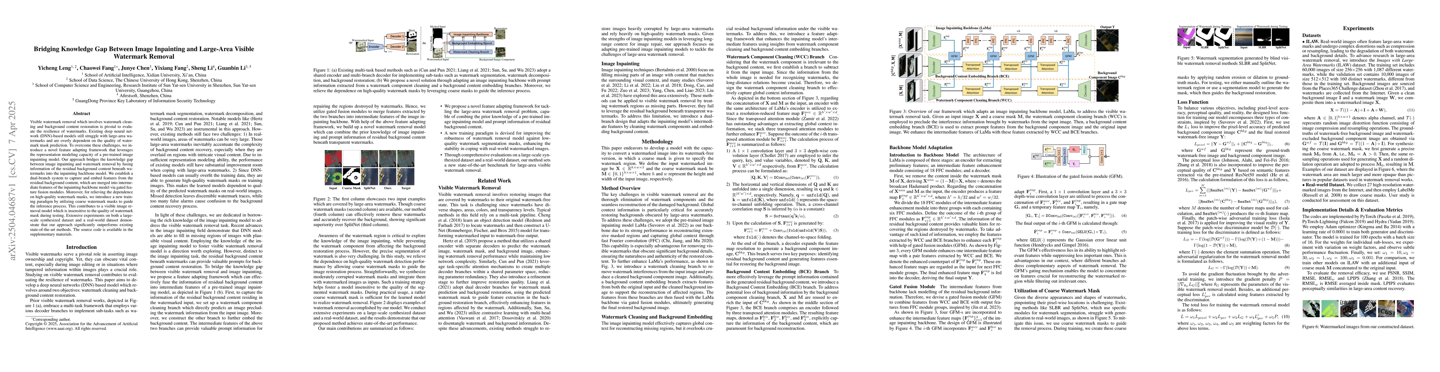 Thumbnail for Bridging Knowledge Gap Between Image Inpainting and Large-Area Visible
  Watermark Removal