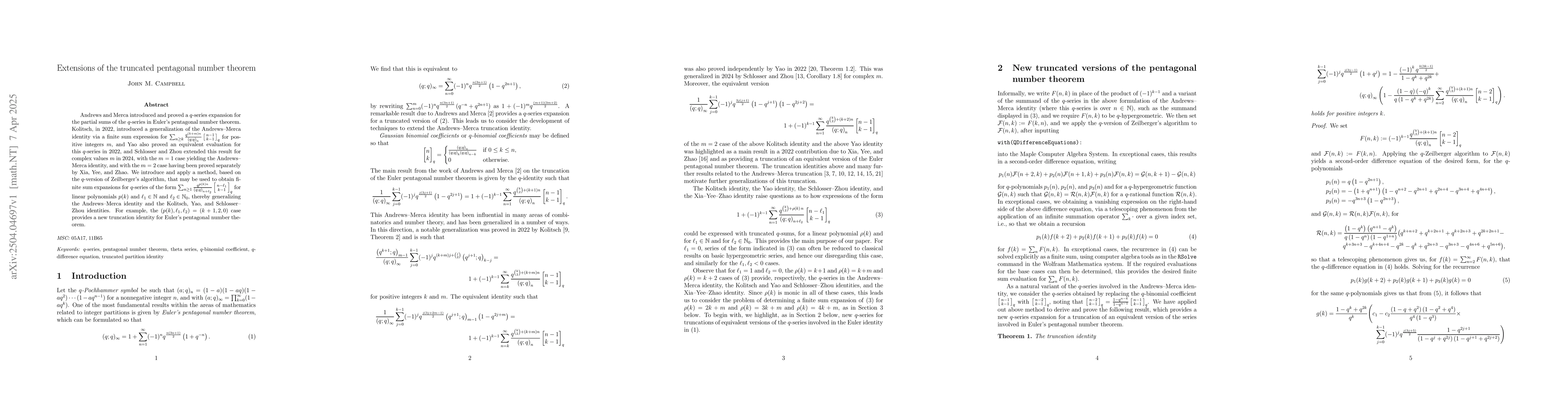 Thumbnail for Extensions of the truncated pentagonal number theorem