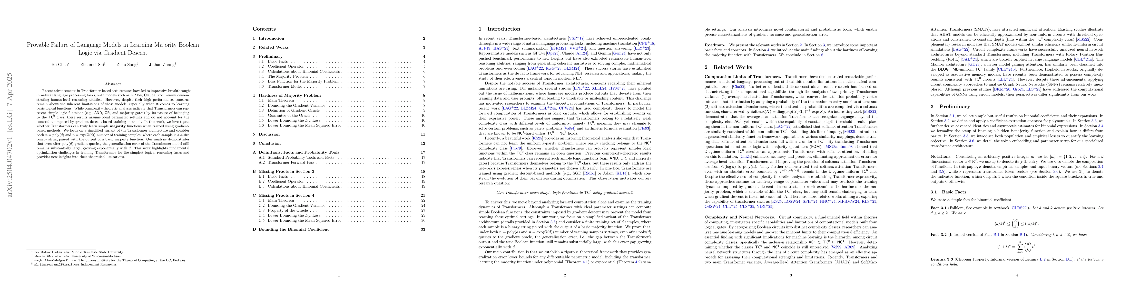 Thumbnail for Provable Failure of Language Models in Learning Majority Boolean Logic
  via Gradient Descent