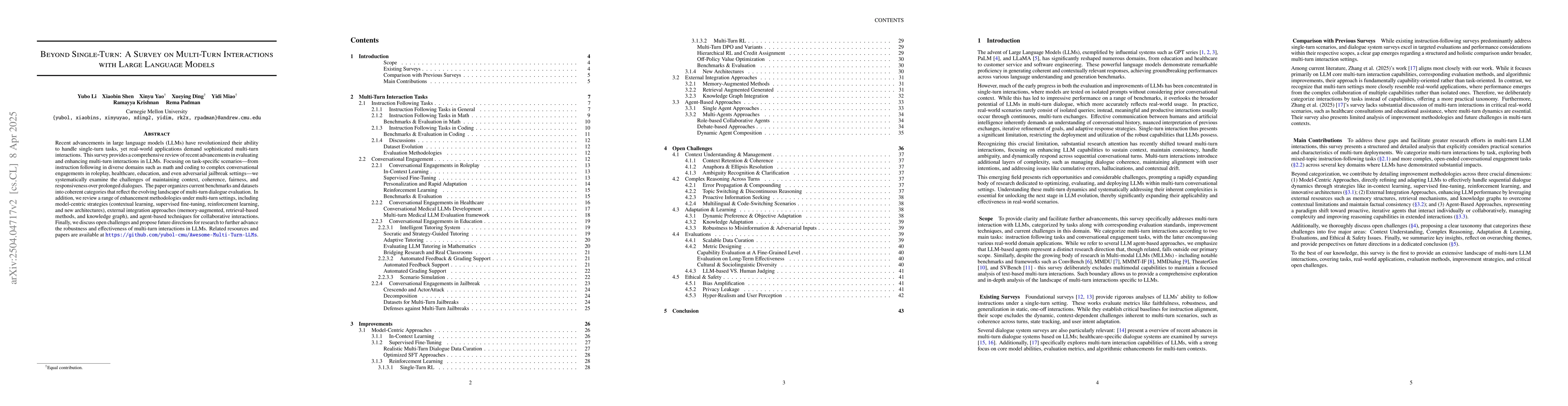 Thumbnail for Beyond Single-Turn: A Survey on Multi-Turn Interactions with Large
  Language Models