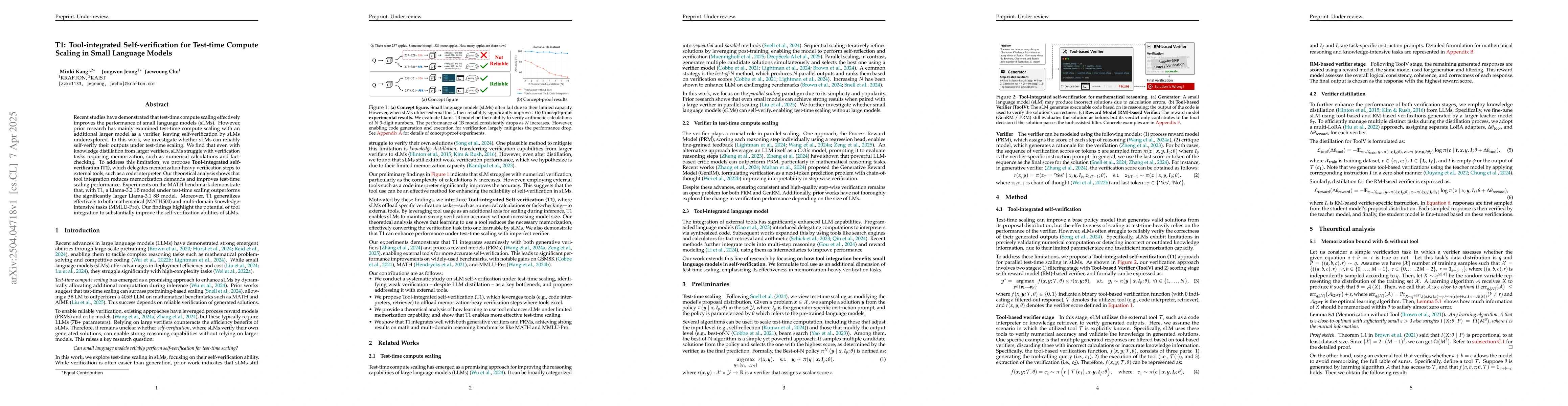 Thumbnail for T1: Tool-integrated Self-verification for Test-time Compute Scaling in
  Small Language Models