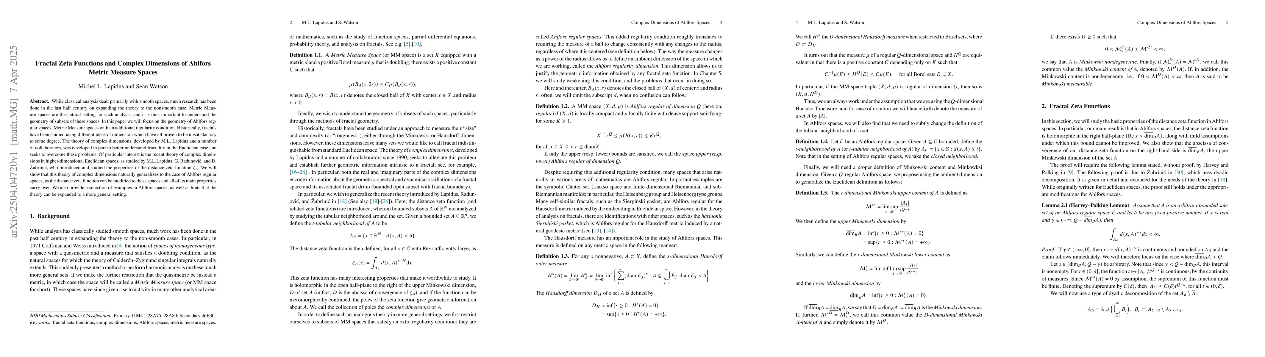 Thumbnail for Fractal Zeta Functions and Complex Dimensions of Ahlfors Metric Measure
  Spaces